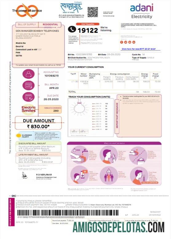 Para baxiar ÍNDIA ADANI ELETRICIDADE Modelo Word e PDF de conta de serviços públicos